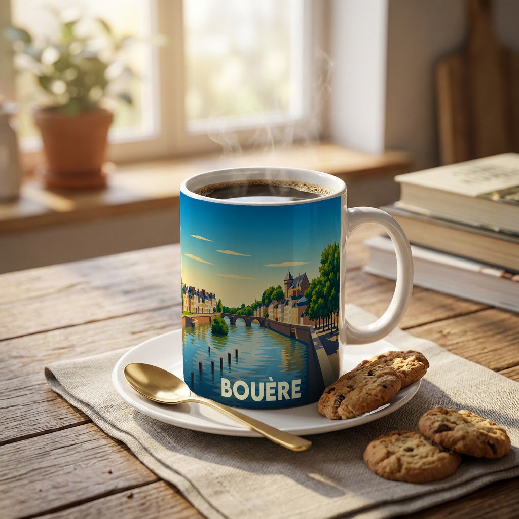 Mug souvenir de la ville de Bouère illustré par un paysage urbain au bord de l'eau.