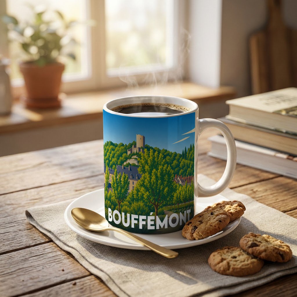 Mug souvenir de la ville de Bouffémont orné d'une illustration stylisée de son paysage et de ses monuments.