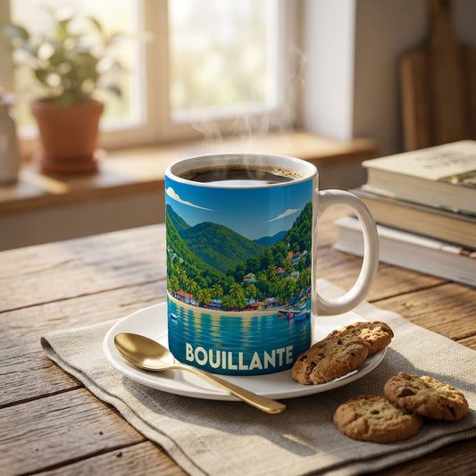 Mug souvenir de la ville de Bouillante illustré d'un paysage tropical côtier coloré.