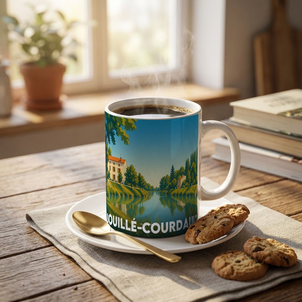 Mug souvenir de la ville de Bouillé-Courdault illustré d'un paysage stylisé au bord de l'eau.