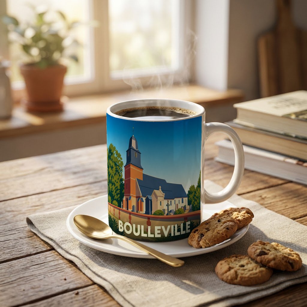 Mug souvenir de la ville de Boulleville orné d'une illustration stylisée de son église.
