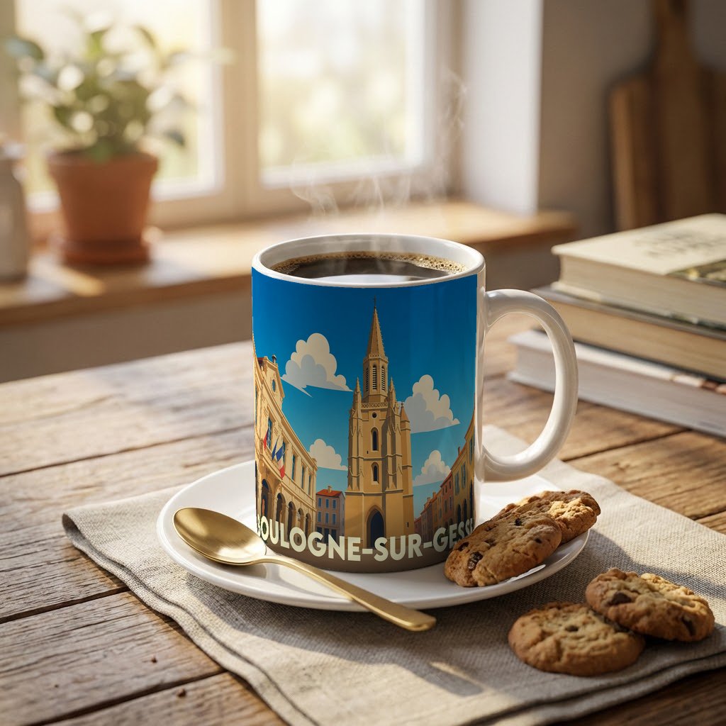Mug souvenir de la ville de Boulogne-sur-Gesse orné d'une illustration stylisée de son église et de sa mairie.