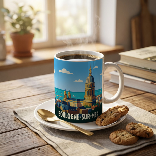 Mug souvenir de la ville de Boulogne-sur-Mer avec une illustration stylisée de son architecture emblématique.