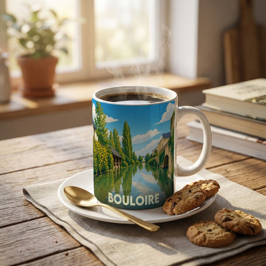 Mug souvenir de la ville de Bouloire illustré d'un paysage de rivière et de maisons anciennes.