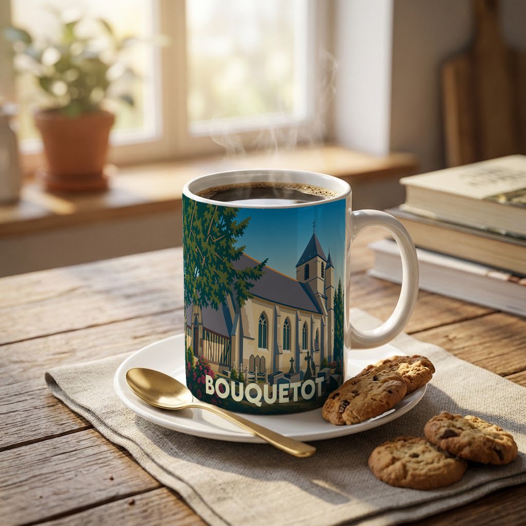 Mug souvenir de la ville de Bouquetot orné d'une illustration stylisée de son église.