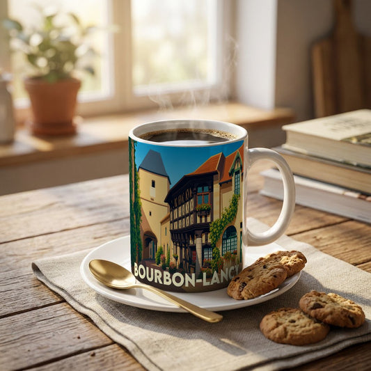 Mug souvenir de la ville de Bourbon-Lancy avec une illustration stylisée de ses maisons à colombages.