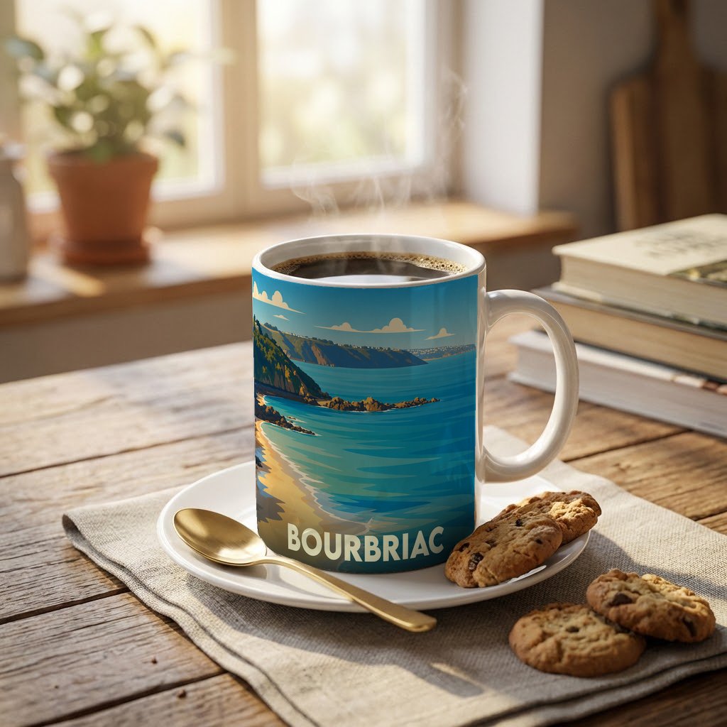Mug souvenir de la ville de Bourbriac illustré d'un paysage côtier stylisé.