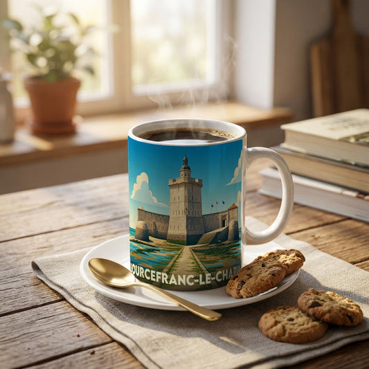Mug souvenir de la ville de Bourcefranc-le-Chapus illustré d'un dessin stylisé du fort Louvois.
