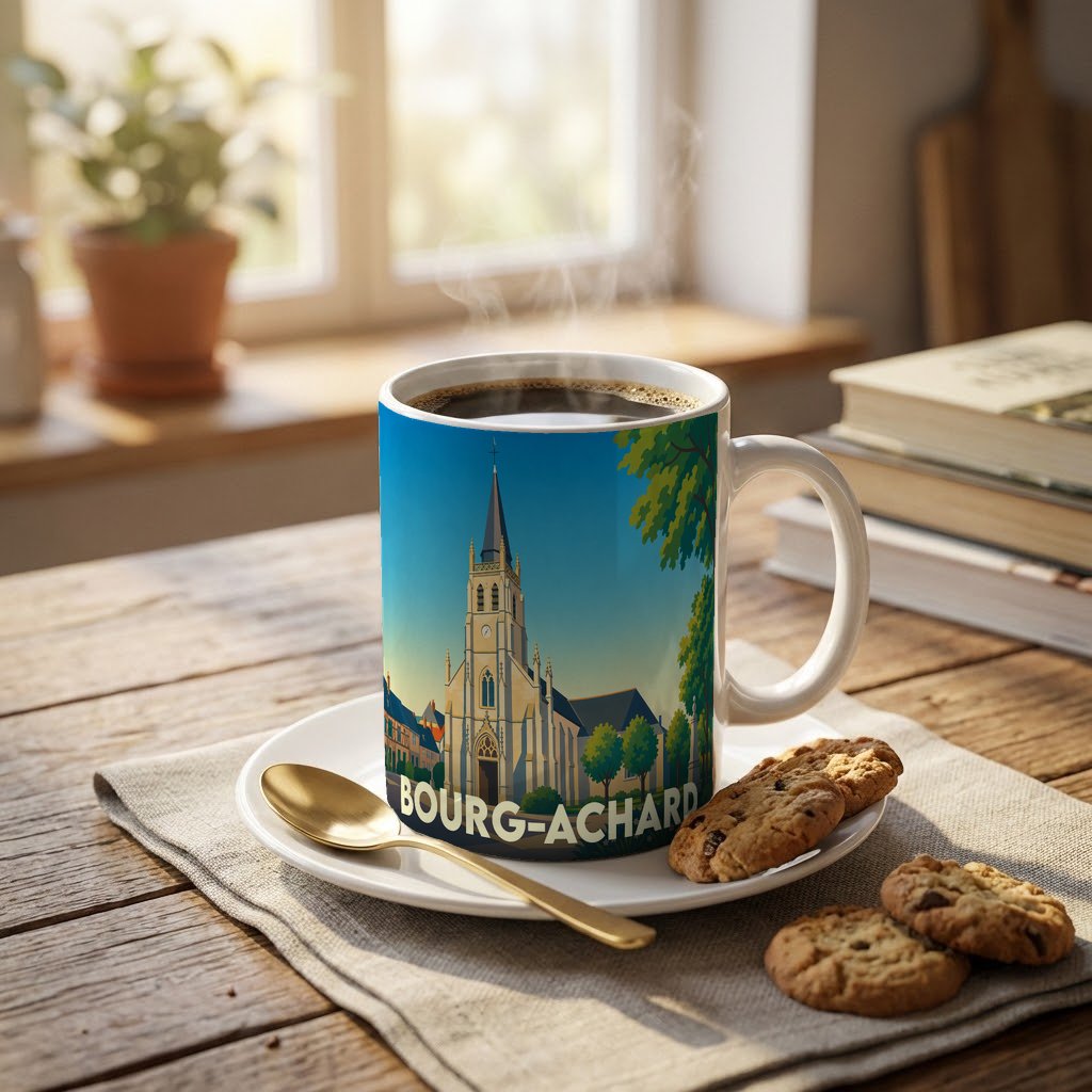 Mug souvenir de la ville de Bourg-Achard illustré d'une église stylisée, posé sur une table avec des biscuits.