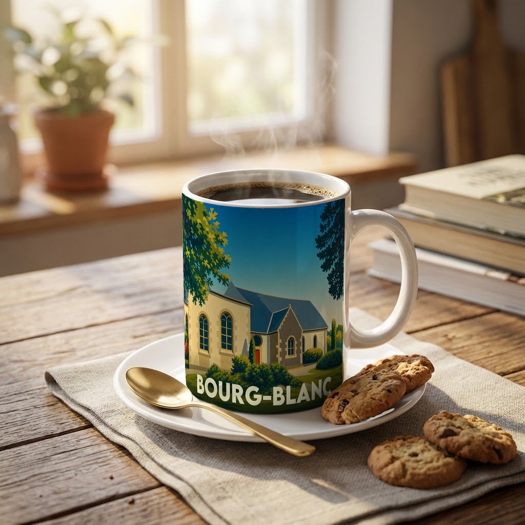 Mug souvenir de la ville de Bourg-Blanc illustré d'un paysage stylisé.