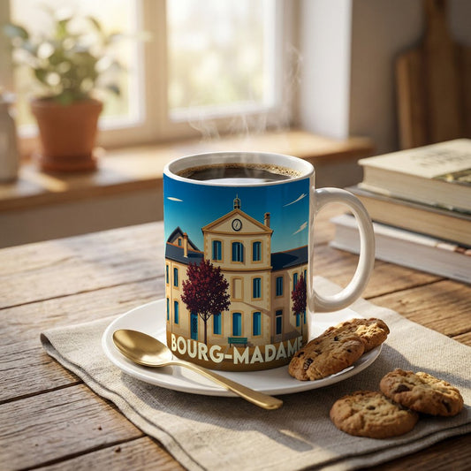 Mug souvenir de la ville de Bourg-Madame avec une illustration stylisée de sa mairie.