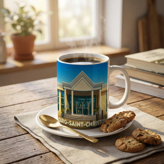 Mug souvenir de la ville de Bourg-Saint-Christophe avec une illustration stylisée de sa mairie.