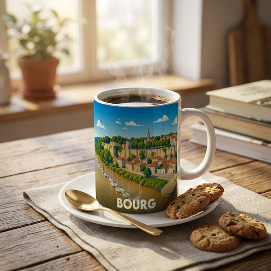 Mug souvenir de la ville de Bourg avec une illustration stylisée d'un paysage fluvial.