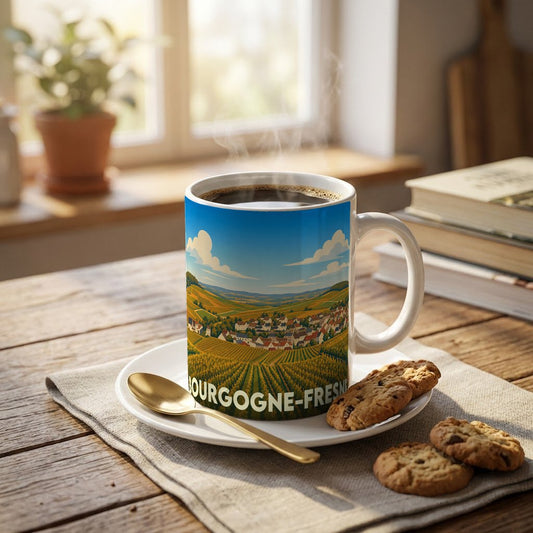 Mug souvenir de la ville de Bourgogne-Fresne illustré d'un paysage de vignobles et de collines.