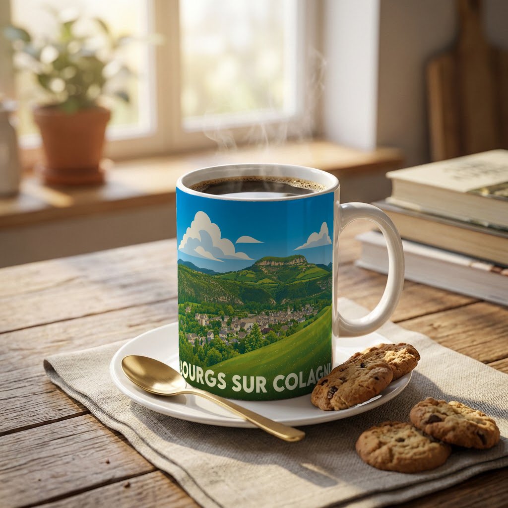 Mug souvenir de la ville de Bourgs sur Colagne orné d'une illustration paysagère stylisée.