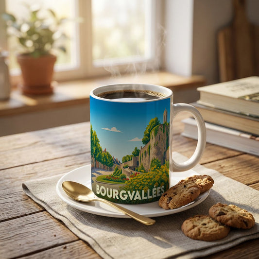 Mug souvenir de la ville de Bourgvallées orné d'une illustration stylisée de ses remparts fleuris.