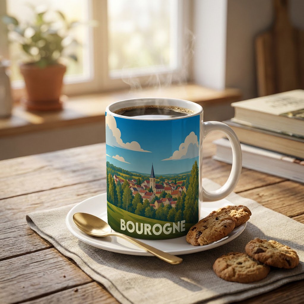 Mug souvenir de la ville de Bourgogne avec une illustration stylisée de son paysage champêtre.