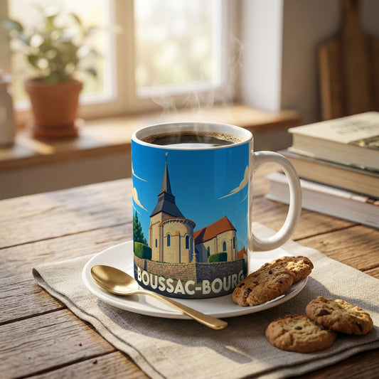 Mug souvenir de la ville de Boussac-Bourg avec une illustration stylisée de son église.