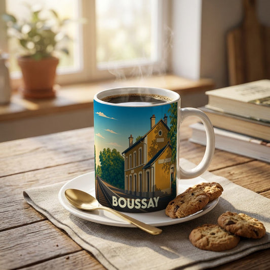 Mug souvenir de la ville de Boussay orné d'une illustration stylisée de sa gare.