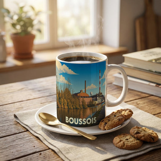 Mug souvenir de la ville de Boussois avec une illustration stylisée représentant un paysage industriel au bord de l'eau.