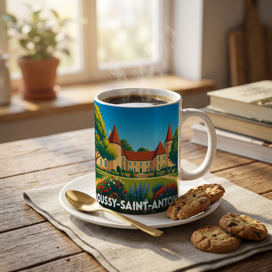 Mug souvenir de la ville de Boussy-Saint-Antoine orné d'une illustration stylisée de son château.