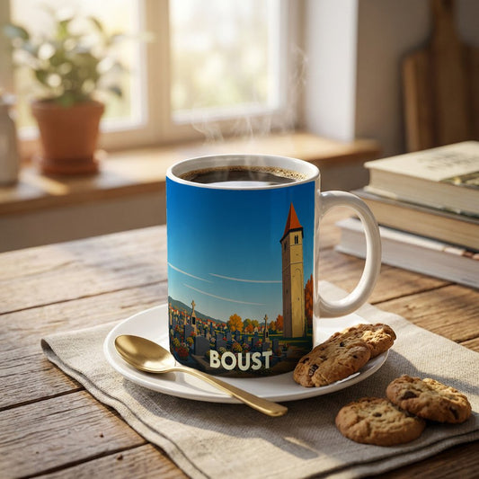 Mug souvenir de la ville de Boust orné d'une illustration stylisée de son église et de son paysage.