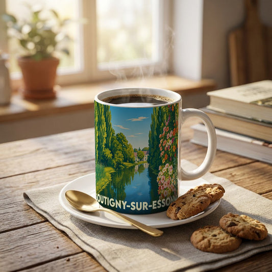 Mug souvenir de Boutigny-sur-Essonne avec une illustration colorée d'un paysage de rivière et de fleurs.