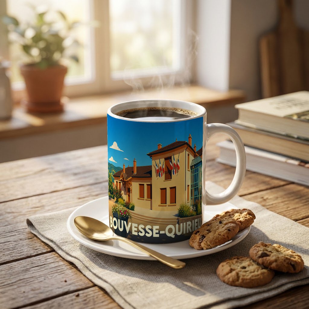 Mug souvenir de la ville de Bouvesse-Quirieu avec une illustration colorée et stylisée.