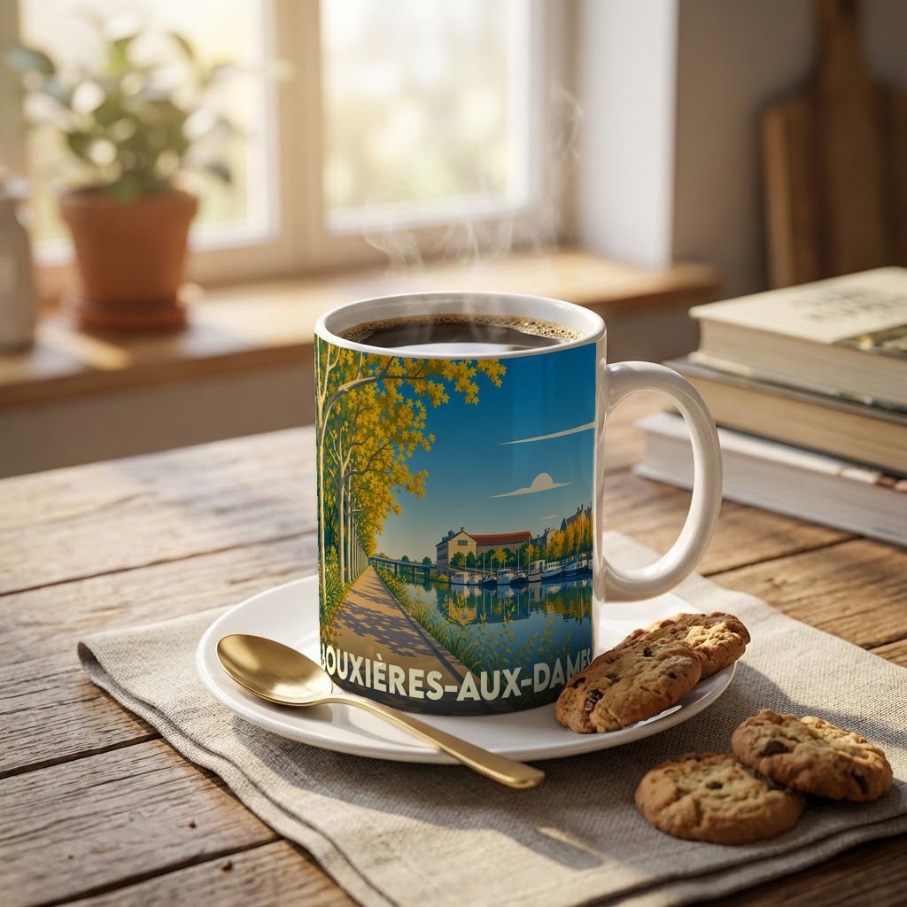 Mug souvenir de la ville de Bouxières-aux-Dames orné d'une illustration stylisée de son paysage fluvial.