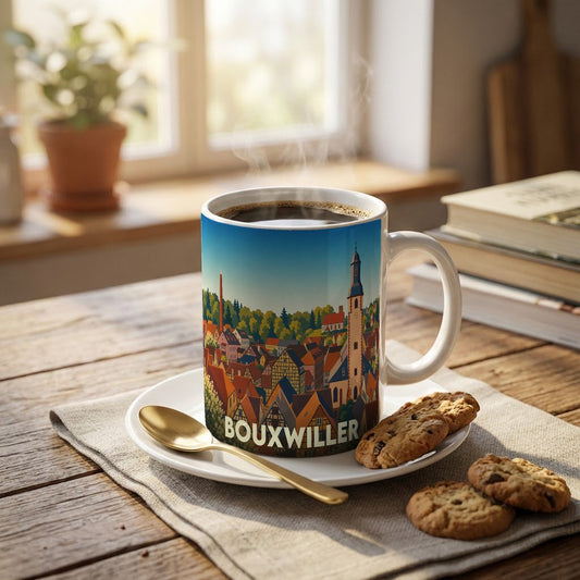 Mug souvenir de la ville de Bouxwiller orné d'une illustration stylisée du village alsacien.