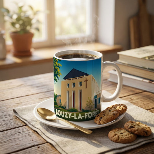 Mug souvenir de la ville de Bouzy-la-Forêt orné d'une illustration stylisée de son église moderne.