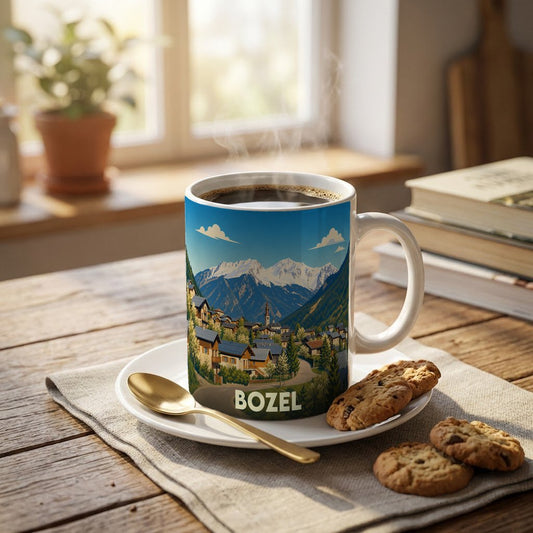 Mug souvenir de la ville de Bozel orné d'une illustration stylisée de ses montagnes et de ses chalets.