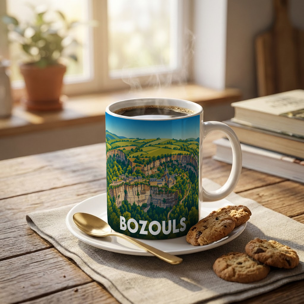Mug souvenir de la ville de Bozouls avec une illustration stylisée de son canyon.