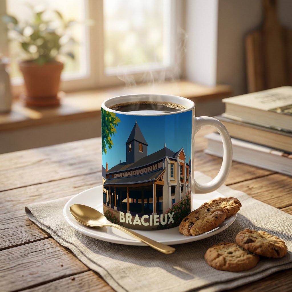 Mug souvenir de la ville de Bracieux avec une illustration stylisée de sa halle historique.