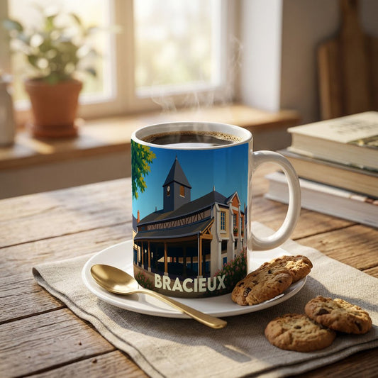 Mug souvenir de la ville de Bracieux avec une illustration stylisée de sa halle historique.