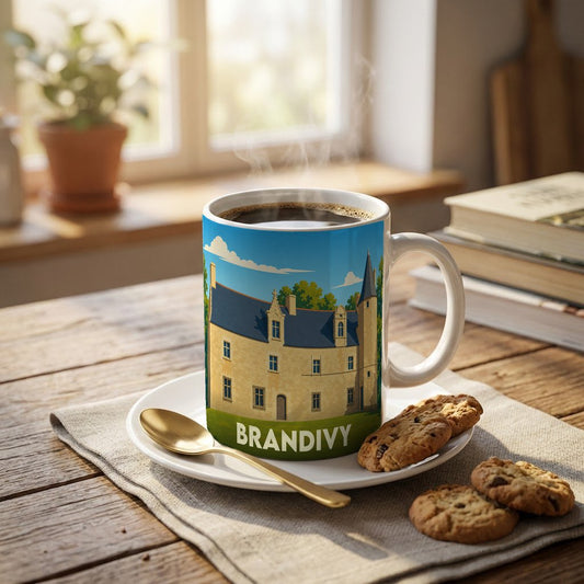 Mug souvenir de la ville de Brandivy avec une illustration stylisée d'un château.