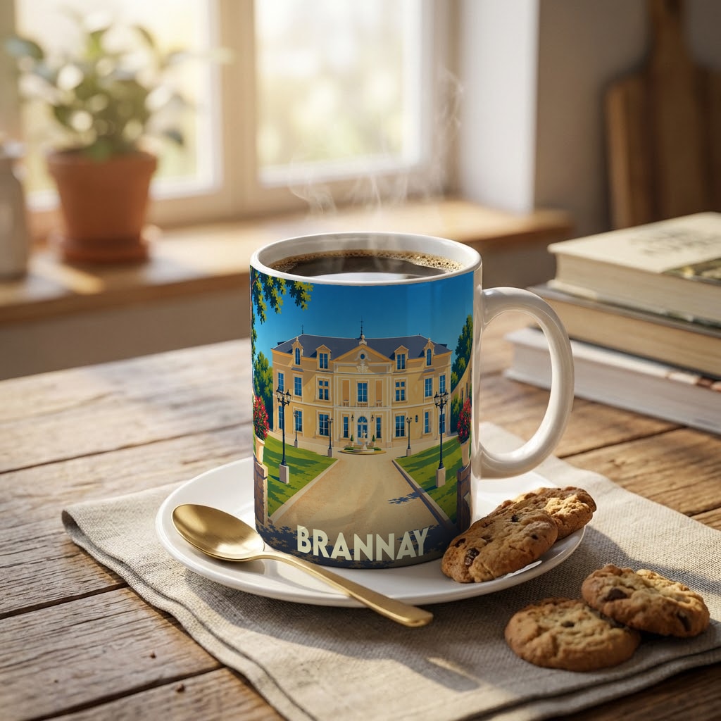 Mug souvenir de la ville de Brannay orné d'une illustration stylisée de son château.