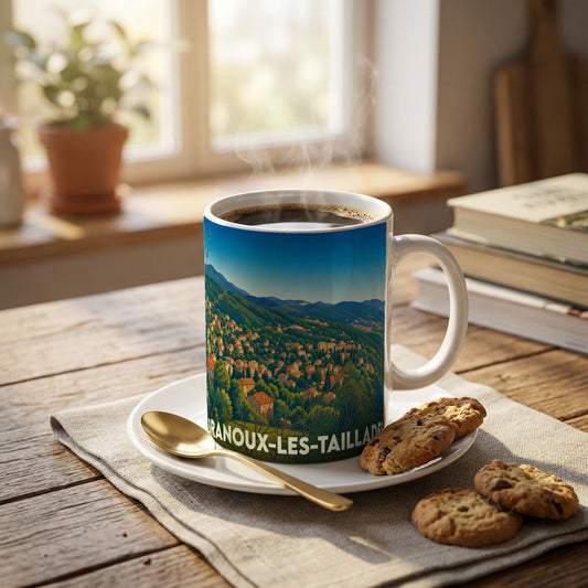 Mug souvenir de la ville de Branoux-les-Taillades orné d'une illustration panoramique colorée.
