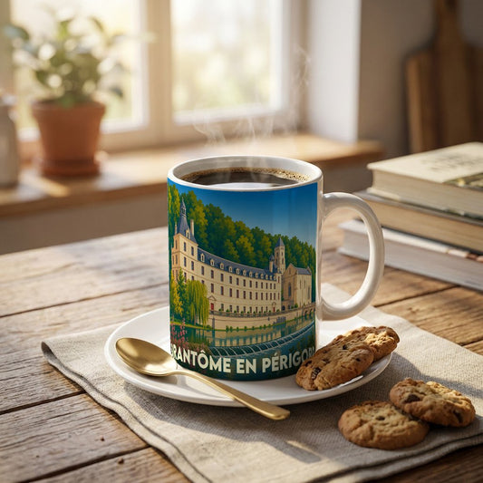 Mug souvenir de la ville de Brantôme en Périgord avec une illustration stylisée de son abbaye au bord de l'eau.
