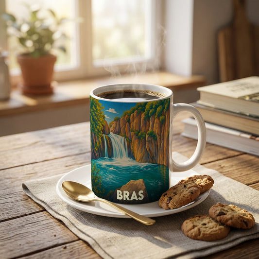 Mug souvenir de la ville de Bras orné d'une illustration stylisée de cascade.