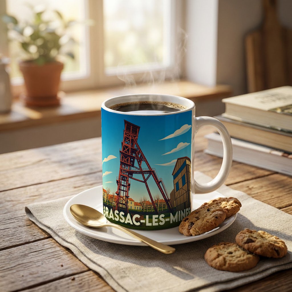 Mug souvenir de la ville de Brassac-les-Mines avec une illustration stylisée d'un chevalement de mine.