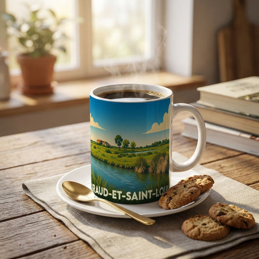 Mug souvenir de la ville de Braud-et-Saint-Louis avec une illustration de paysage champêtre au bord de l'eau.