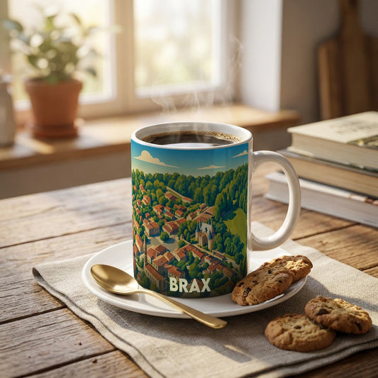 Mug souvenir de la ville de Brax avec une illustration stylisée et colorée.