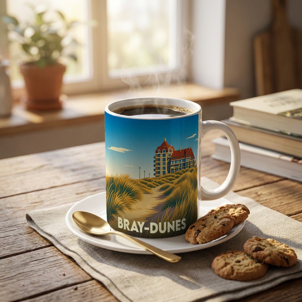 Mug souvenir de la ville de Bray-Dunes orné d'une illustration stylisée de dunes et d'un bâtiment emblématique.