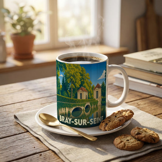 Mug souvenir de la ville de Bray-sur-Seine avec une illustration stylisée d'un pont et de bâtiments historiques au bord de l'eau.