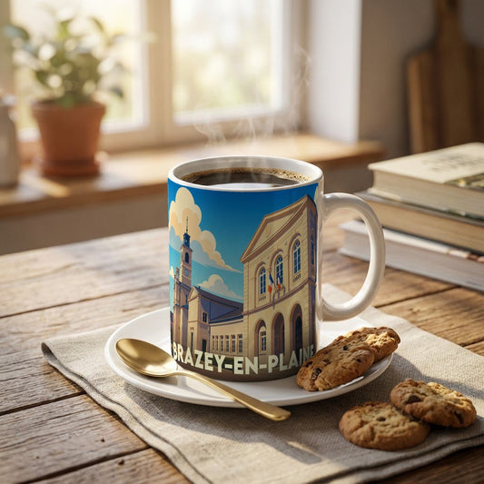 Mug souvenir de la ville de Brazey-en-Plaine avec une illustration stylisée.