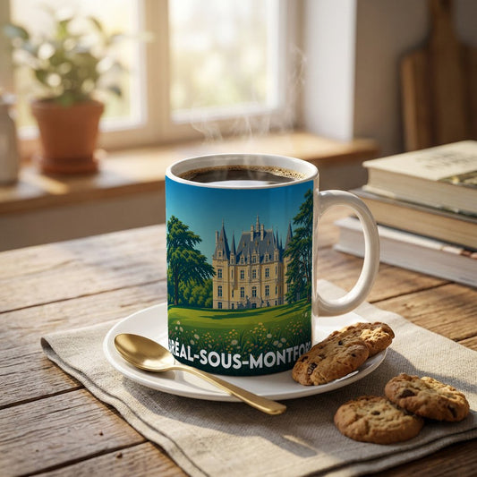 Mug souvenir de la ville de Bréal-sous-Montfort avec une illustration stylisée d'un château.