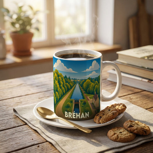 Mug souvenir de la ville de Bréhan avec une illustration stylisée d'un canal et de son écluse.
