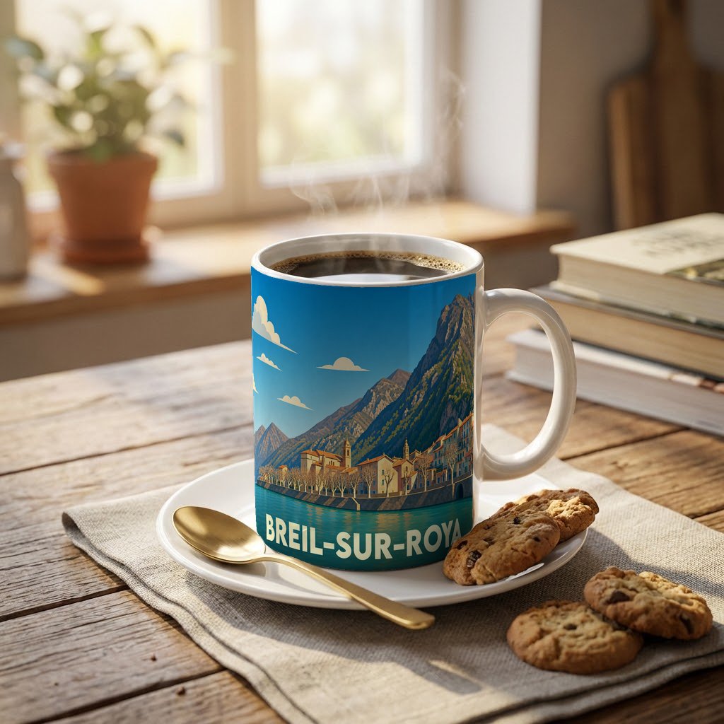 Mug souvenir de la ville de Breil-sur-Roya avec une illustration stylisée de son paysage montagneux.