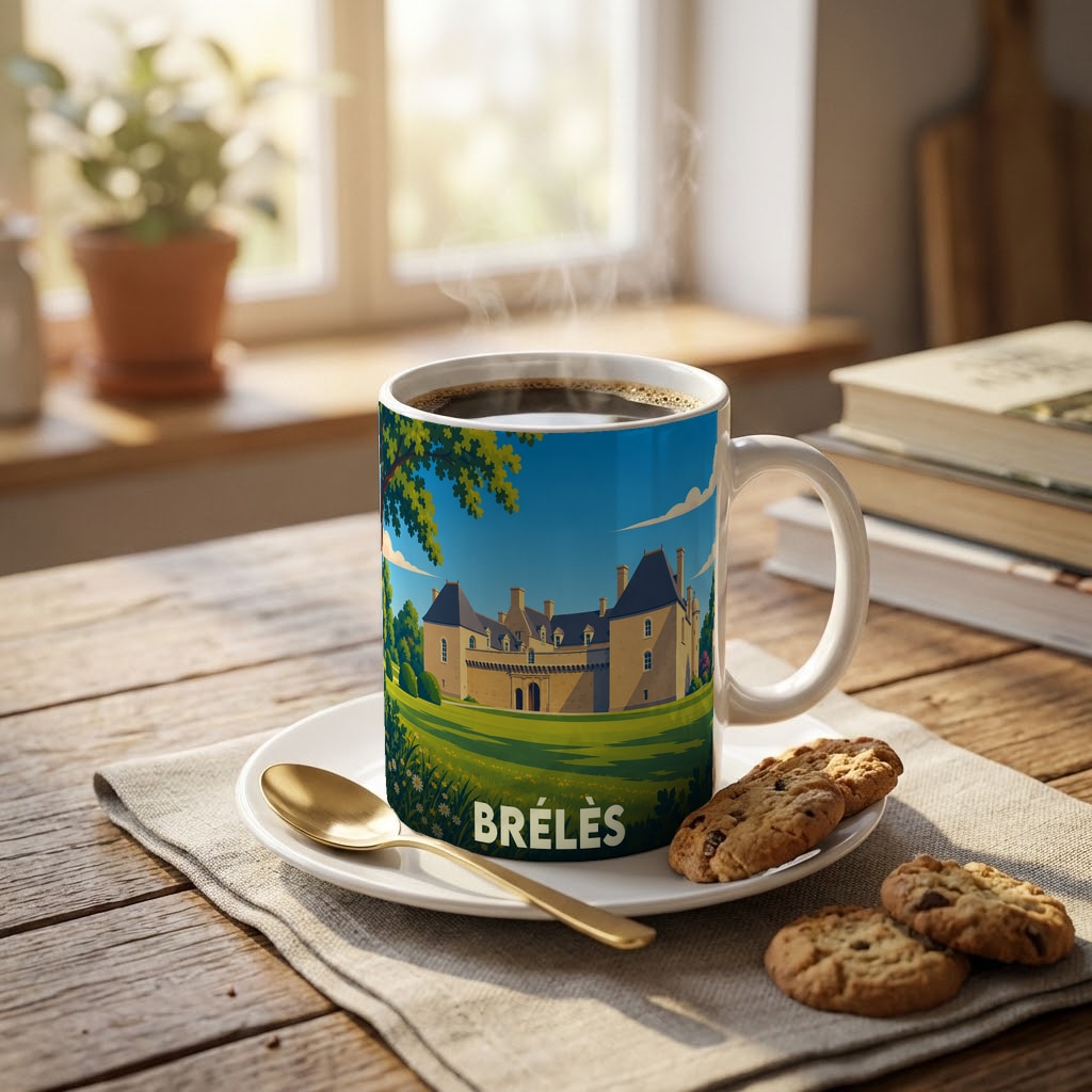 Mug souvenir de la ville de Brélès orné d'une illustration stylisée du château de Kergroadez.